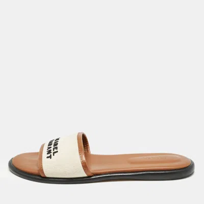 Pre-owned Isabel Marant Off White/brown Canvas And Leather Vikee Flat Slide Sandals Size 39