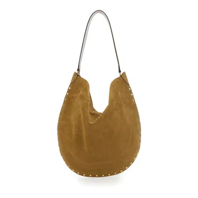 Isabel Marant Oskan Hobo Beige Shoulder Bag With Studs Trim In Suede In Sand