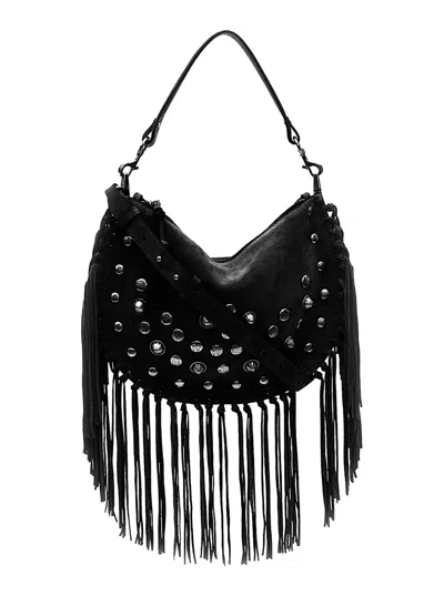 Isabel Marant Oskan Soft Black Bag With Stud Decorations And Fringed Edge In Suede Woman In Black Silver Bksi