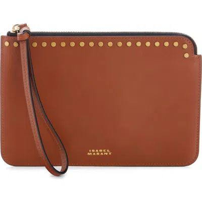 Isabel Marant Oskan Stud Leather Flat Pouch In Brown