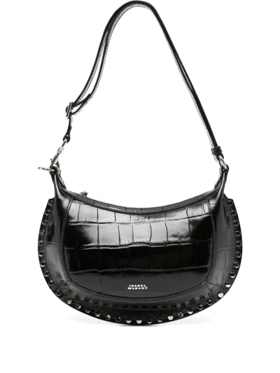 Isabel Marant Oskan Studded Croc-embossed Shoulder Bag In Black