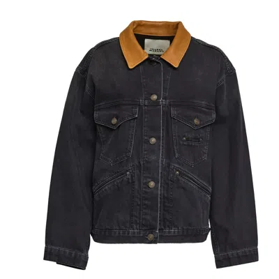 Isabel Marant Oversized Denim Jacket With Contrast Leather Collar In Black