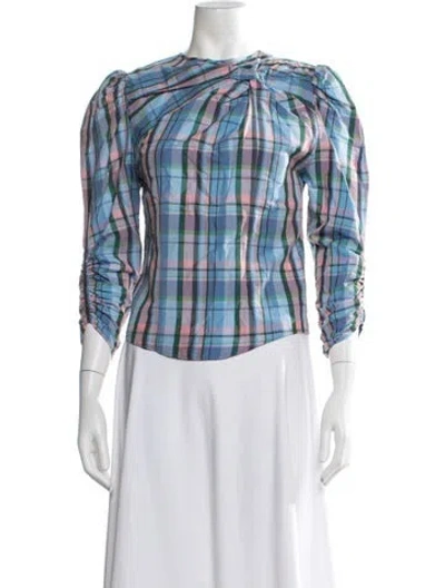 Pre-owned Isabel Marant Plaid Print Crew Neck Blouse In Blue