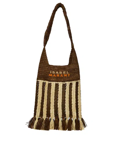 Isabel Marant Handwoven Raffia Tote Bag With Fringe And Logo Detail In Brown