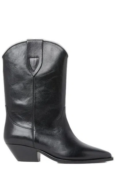 Isabel Marant Premium Leather Pointed Toe Block Heel Ankle Boots. In Black