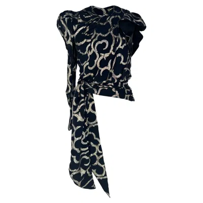 Pre-owned Isabel Marant Printed Tie-waist Asymmetric Blouse In Navy Blue Wool