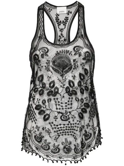 Isabel Marant Floral Embroidery Mesh Tank Top In Black