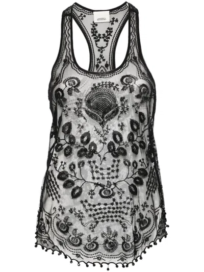 Isabel Marant Floral Embroidery Mesh Tank Top In Black