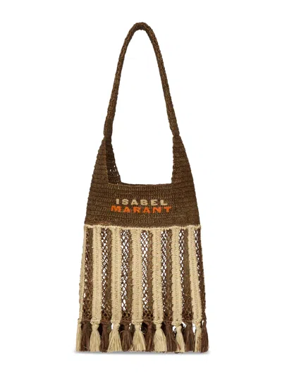 Isabel Marant Handwoven Raffia Tote Bag With Fringe And Logo Detail In Brown