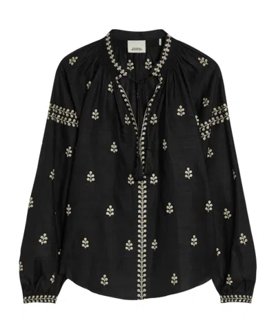 Isabel Marant Rodis Floral-embroidered Silk Blouse In Black