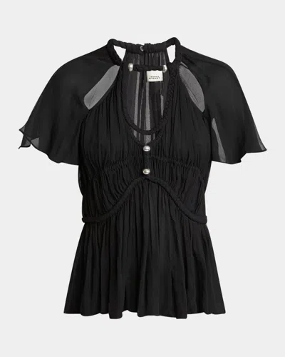 Isabel Marant Rosaline Cutout Pleated Chiffon Silk Top In Black