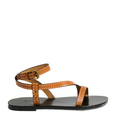 Isabel Marant Flat Brown Leather Sandals With Gold Stud Accents