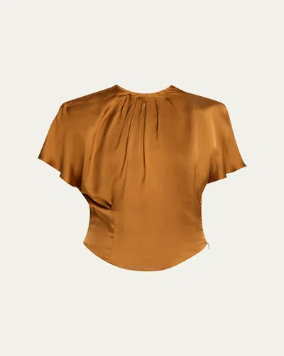 Isabel Marant Sakine Pleated Short-sleeve Satin Top In Brown