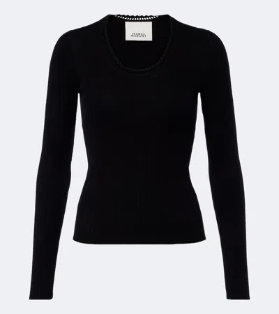 Isabel Marant Selenie Scalloped Ribbed Silk And Cotton-blend Sweater In Black