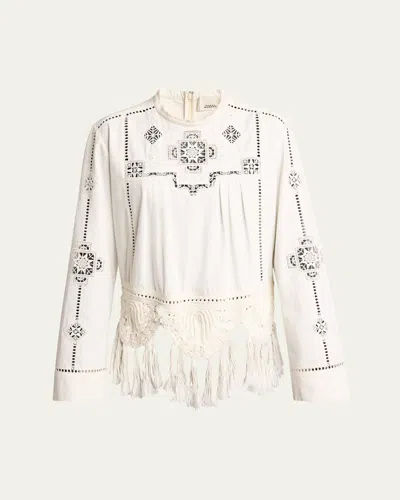 Isabel Marant Severine Crochet Fringe-hem Long-sleeve Blouse In White