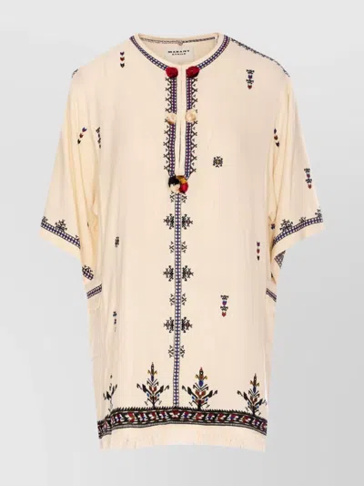 Isabel Marant Short Sleeve Round Neck Top With Embroidered Pom-pom In White