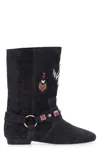 Isabel Marant Suede Ankle Boots With Fringe And Embroidery In Black