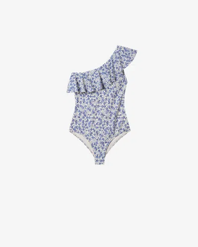 Isabel Marant Sicilya Ruffled Floral-print Swimsuit In Blue