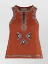 Isabel Marant Silk Top With Embroidered Geometric Pattern And Cut-out In Brown