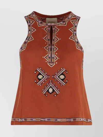 Isabel Marant Silk Top With Embroidered Geometric Pattern And Cut-out In Brown