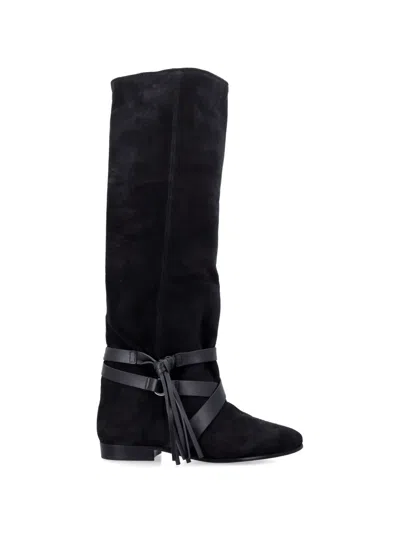 Isabel Marant Knee-high Suede Boots With Wraparound Leather Straps In Black