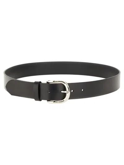 Isabel Marant Smooth Black Leather Belt With Round Silver Buckle In Gray