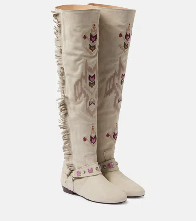 Isabel Marant Soksa Embroidered Suede Knee-high Boots In White
