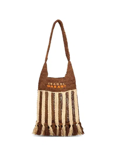 Isabel Marant Handwoven Raffia Tote Bag With Fringe And Logo Detail In Brown