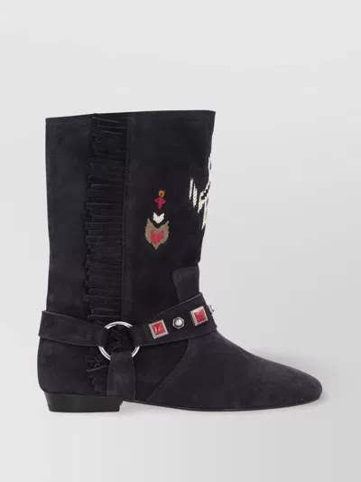 Isabel Marant Suede Ankle Boots With Fringe And Embroidery In Black