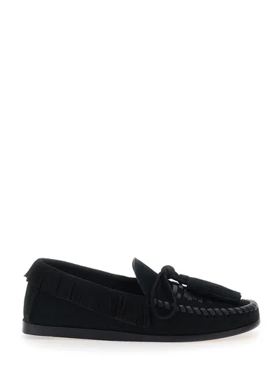 Isabel Marant Suede Loafers With Front Bow & Fringe Details In Black
