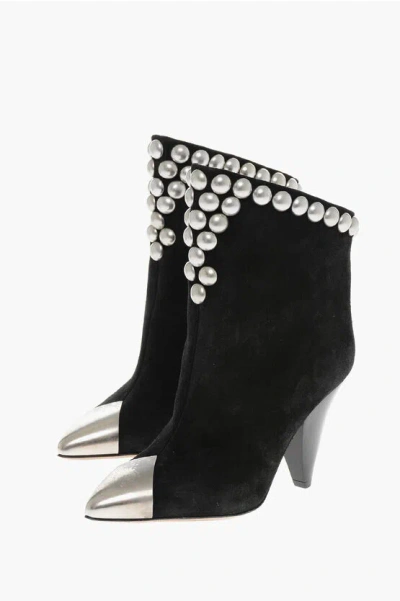 Isabel Marant Suede Studded Pointy Ankle Boots With Studs 9cm In Black