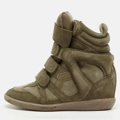 Pre-owned Isabel Marant Taupe Green/brown Suede And Leather Bekett Wedge Sneakers Size 37