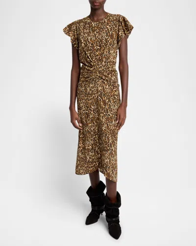 ISABEL MARANT TERENA CHEETAH PRINT RUCHED SILK MIDI DRESS