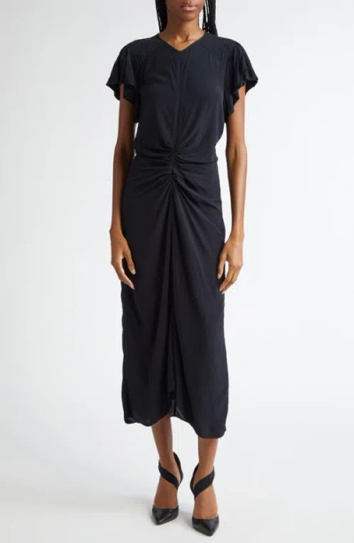 Isabel Marant Terena Ruched Cap Sleeve Midi Dress In Black