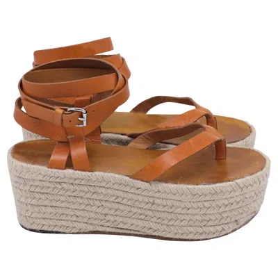 Isabel Marant Thong Ankle Strap Espadrille Wedge Sandals In Brown Leather