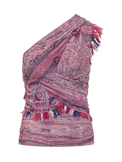 Isabel Marant 'devona' Draped Fringe Paisley Ruched Top In Pink