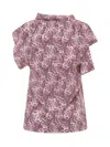 Isabel Marant Valency Feather-print Asymmetric Flutter-sleeve Silk Blouse In Pink