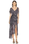 Isabel Marant Womens Faded Night Tylena Printed Ruffle-trim Silk Midi Dress In Gray