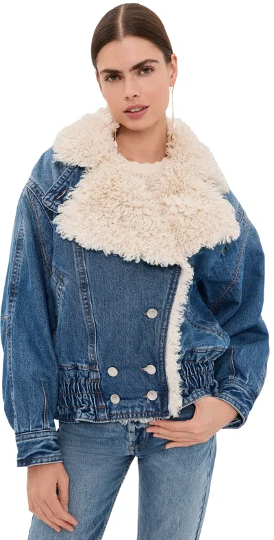 Isabel Marant Valineo Denim Jacket With Curly Faux-fur Collar In Blue