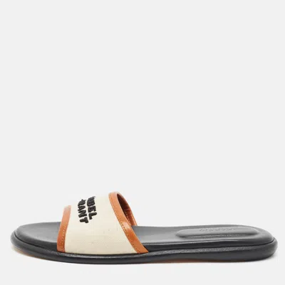 Pre-owned Isabel Marant Vikee Size 37 Cream/brown Canvas And Leather Flat Slide In White