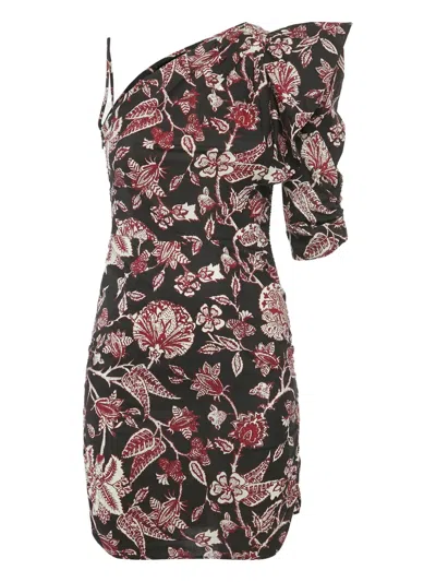 Pre-owned Isabel Marant Vintage Floral-print One-shoulder Mini Dress In Black