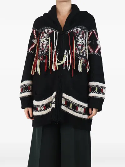 Pre-owned Isabel Marant Vintage Fringe-detail Intarsia-knit Cardigan In Black