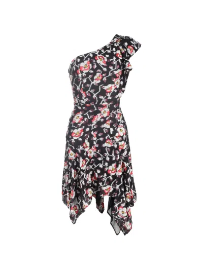 Pre-owned Isabel Marant Vintage One-shoulder Floral-print Mini Dress In Black