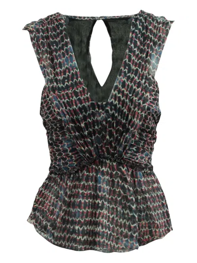 Pre-owned Isabel Marant Vintage Pleated V-neck Printed Blouse In Multi