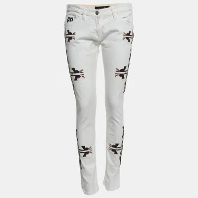Pre-owned Isabel Marant White Geometric Embroidered Denim Slim Fit Jeans L/waist 32"