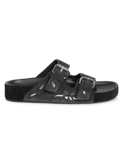 Isabel Marant Lennyo Embroidered Cutout Suede Slides In Faded Black And Silver