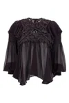 Isabel Marant 'puff Sleeves' Sheer Lace Top With Floral Embroidery In Black
