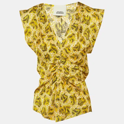 Pre-owned Isabel Marant Yellow Printed Silk Lonea Ruched Top S