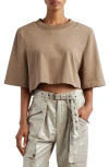 Isabel Marant Zaely Strong-shoulder Short-sleeve Crop T-shirt In Khaki