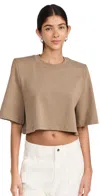 Isabel Marant Zaely Strong-shoulder Short-sleeve Crop T-shirt In Khaki